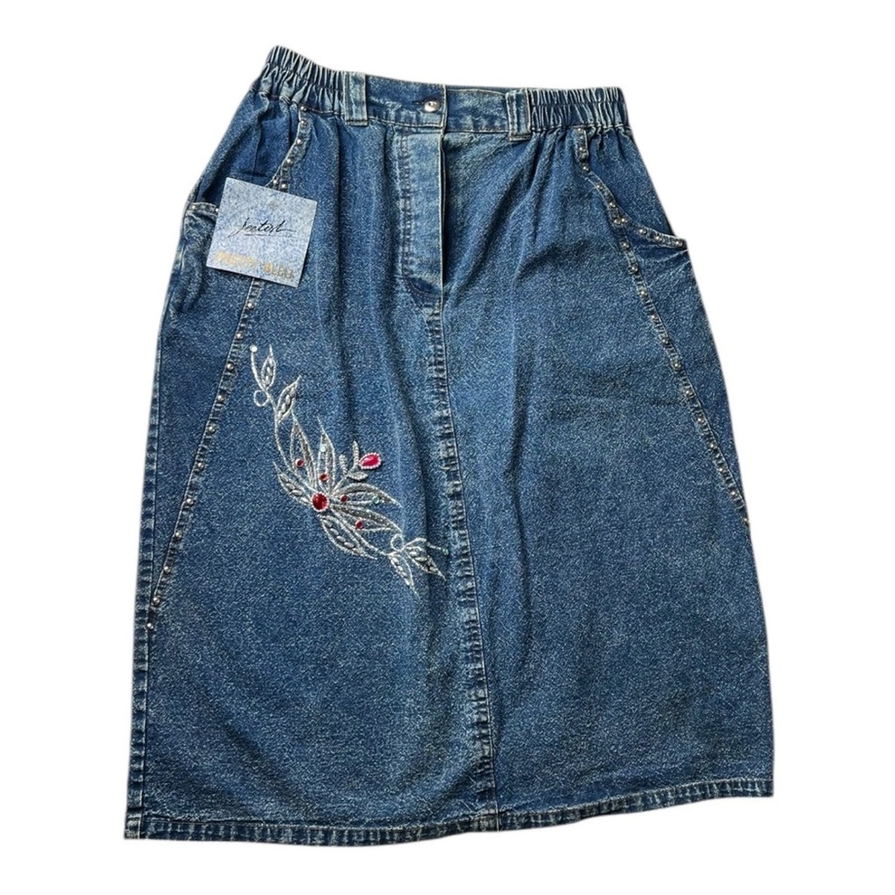 Pretty Bleu 90s Vintage Denim Beaded Skirt Sz L NWT